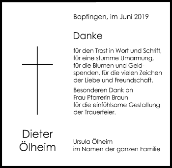 Traueranzeige von Dieter Ölheim von Bopfinger Stadtanzeiger