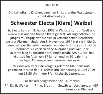 Traueranzeige von Electa Klara Waibel von Gmünder Tagespost