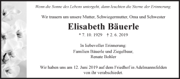 Traueranzeige von Elisabeth Bäuerle von Schwäbische Post