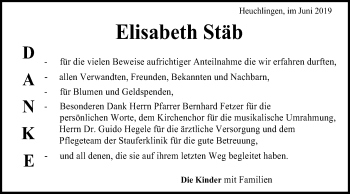 Traueranzeige von Elisabeth Stäb von Gmünder Tagespost