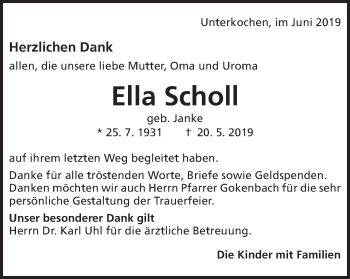 Traueranzeige von Ella Scholl von Schwäbische Post