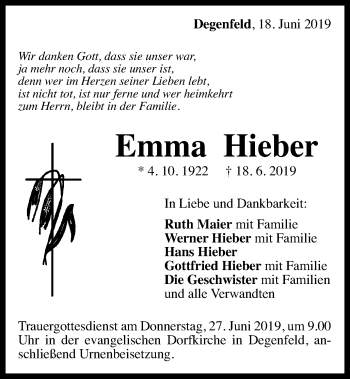 Traueranzeige von Emma Hieber von Gmünder Tagespost