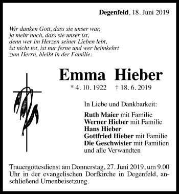 Traueranzeige von Emma Hieber