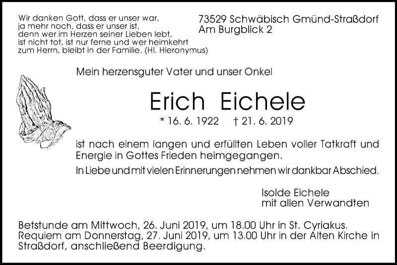  Traueranzeige für Erich Eichele vom 22.06.2019 aus Gmünder Tagespost