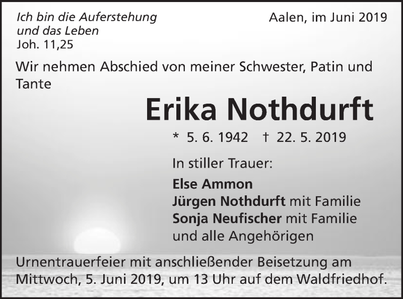  Traueranzeige für Erika Nothdurft vom 01.06.2019 aus Schwäbische Post
