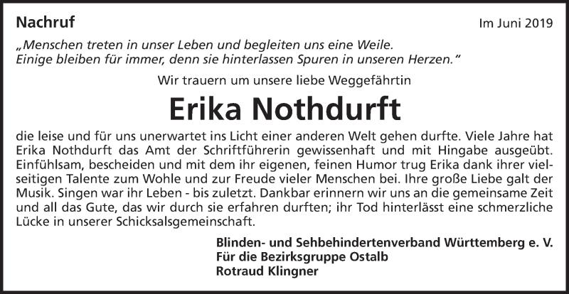  Traueranzeige für Erika Nothdurft vom 01.06.2019 aus Schwäbische Post