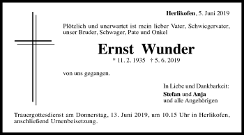 Traueranzeige von Ernst Wunder von Gmünder Tagespost