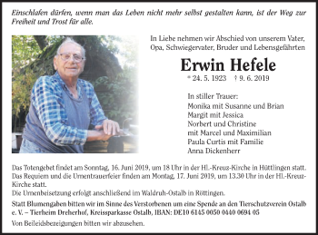 Traueranzeige von Erwin Hefele von Schwäbische Post