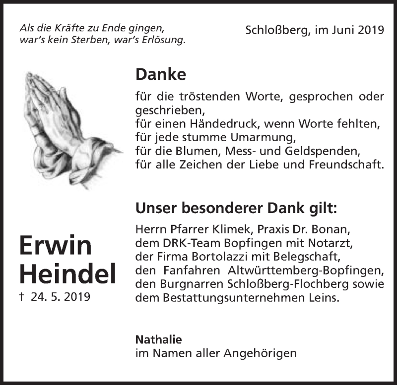  Traueranzeige für Erwin Heindel vom 14.06.2019 aus Bopfinger Stadtanzeiger