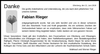 Traueranzeige von Fabian Rieger von Schwäbische Post