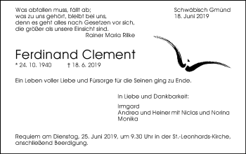 Traueranzeige von Ferdinand Clement von Gmünder Tagespost