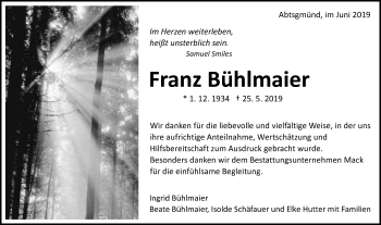 Traueranzeige von Franz Bühlmaier von Kocher-Lein-Bote