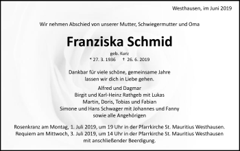 Traueranzeige von Franziska Schmid von Schwäbische Post