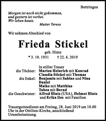 Traueranzeige von Frieda Stickel von Gmünder Tagespost