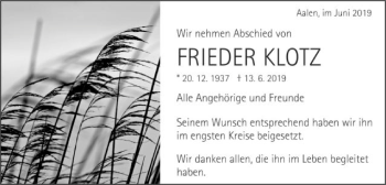 Traueranzeige von Frieder Klotz von Schwäbische Post