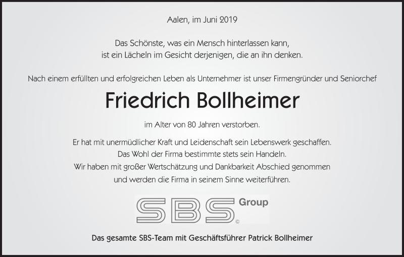  Traueranzeige für Friedrich Bollheimer vom 26.06.2019 aus Schwäbische Post