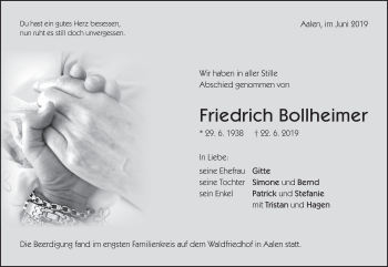 Traueranzeige von Friedrich Bollheimer von Schwäbische Post