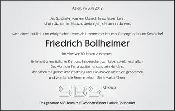 Traueranzeige von Friedrich Bollheimer von Schwäbische Post