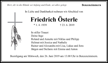 Traueranzeige von Friedrich Österle von Schwäbische Post