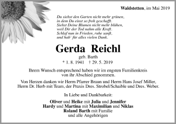 Traueranzeige von Gerda Reichl von Gmünder Tagespost