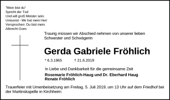 Traueranzeige von Gerda Gabriele Fröhlich von Schwäbische Post