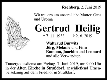 Traueranzeige von Gertrud Heilig