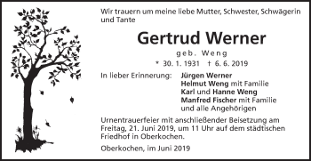 Traueranzeige von Gertrud Werner von Schwäbische Post