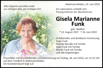 Traueranzeige von Gisela Marianne von Schwäbische Post