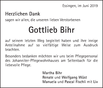 Traueranzeige von Gottlieb Bihr von Schwäbische Post