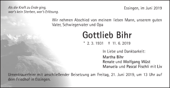 Traueranzeige von Gottlieb Bihr von Schwäbische Post