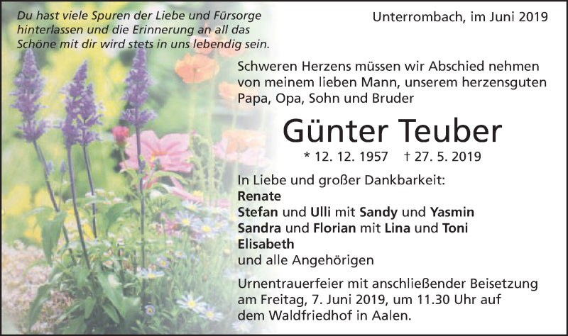  Traueranzeige für Günter Teuber vom 04.06.2019 aus Schwäbische Post