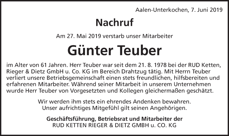  Traueranzeige für Günter Teuber vom 07.06.2019 aus Schwäbische Post