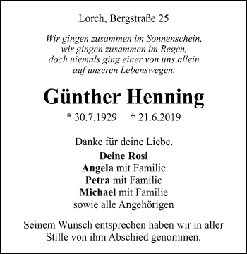Traueranzeige von Günther Henning von Gmünder Tagespost