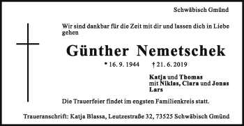 Traueranzeige von Günther Nemetschek von Gmünder Tagespost
