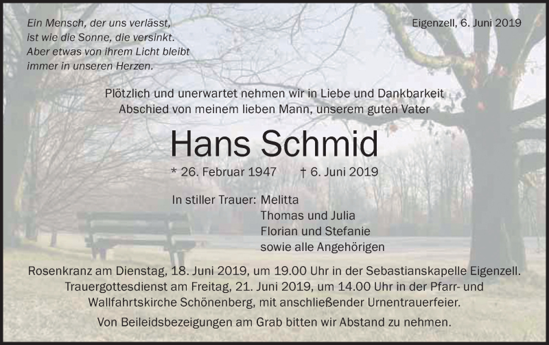  Traueranzeige für Hans Schmid vom 11.06.2019 aus Schwäbische Post