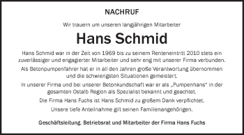 Traueranzeige von Hans Schmid von Schwäbische Post