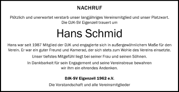 Traueranzeige von Hans Schmid von Schwäbische Post