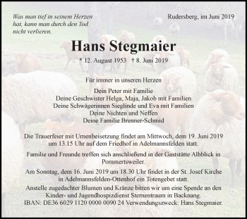 Traueranzeige von Hans Stegmaier von Schwäbische Post