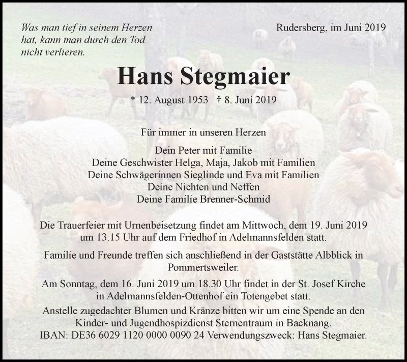  Traueranzeige für Hans Stegmaier vom 15.06.2019 aus Schwäbische Post