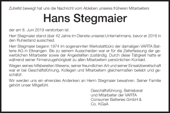 Traueranzeige von Hans Stegmaier von Schwäbische Post