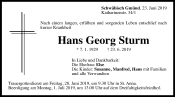 Traueranzeige von Hans Georg Sturm von Gmünder Tagespost