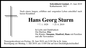 Traueranzeige von Hans Georg Sturm