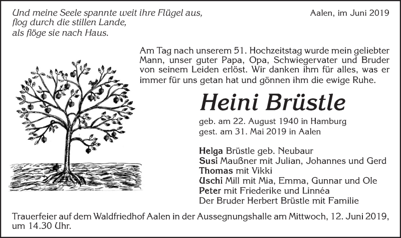  Traueranzeige für Heini Brüstle vom 08.06.2019 aus Schwäbische Post