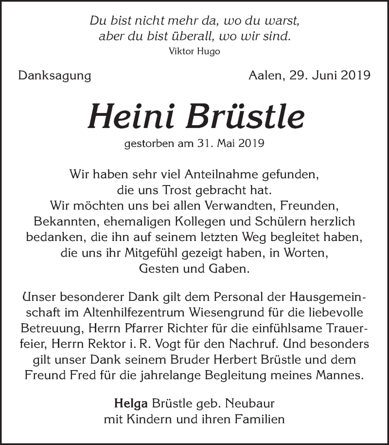  Traueranzeige für Heini Brüstle vom 29.06.2019 aus Schwäbische Post