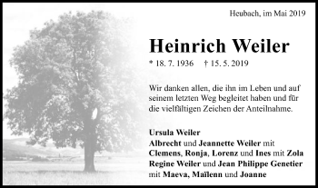 Traueranzeige von Heinrich Weiler von Gmünder Tagespost