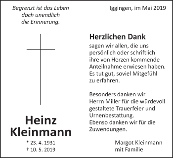 Traueranzeige von Heinz Kleinmann von Gmünder Tagespost