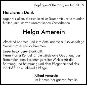 Traueranzeige von Helga Amerein von Schwäbische Post