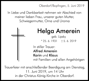 Traueranzeige von Helga Amerein von Schwäbische Post