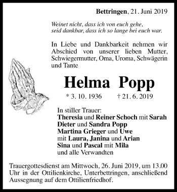 Traueranzeige von Helma Popp