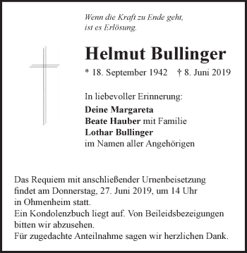 Traueranzeige von Helmut Bullinger von Schwäbische Post